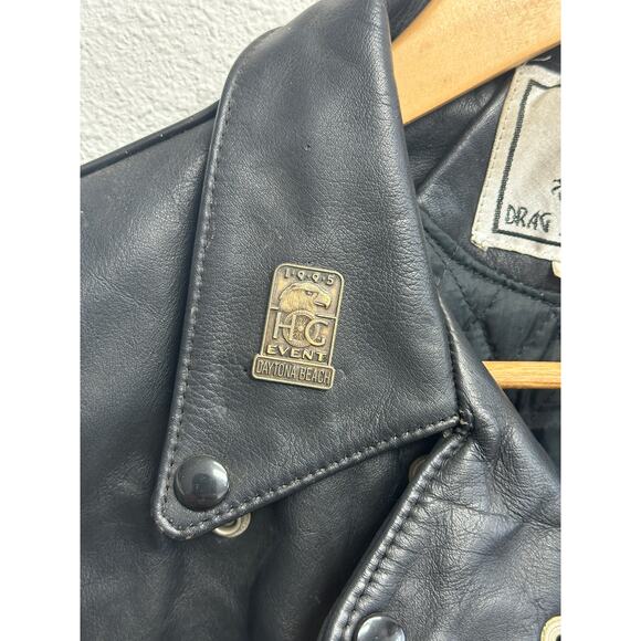 DRAG SPECIALTIES HEAVY BLACK LEATHER FRINGE MOTORCYCLE JACKET SIZE 12 W/ PINS - Picture 4 of 10